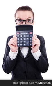 Funny accountant with calculator on white