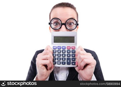 Funny accountant with calculator on white