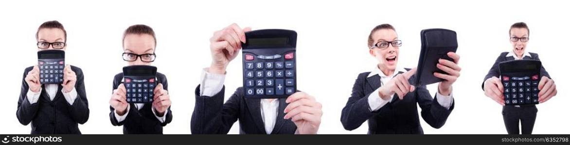 Funny accountant with calculator on white