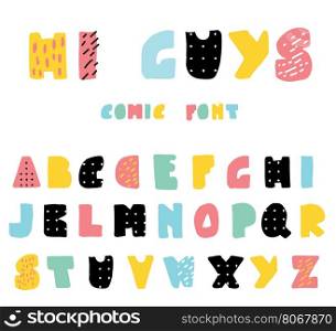 Funny and cute cartoon style alphabet in blak, pink, blue and mint green colors. Can be used for modern greeting cards, posters, web and print, tshirts and canvas tote design