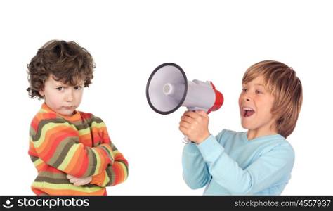 Funny angry child because his friend is screaming with a megaphone