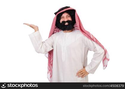 Funny arab man hoding hands isolated on white