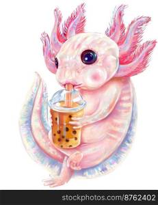 Funny Axolotl Boba Tea Bubble Milk For Exotic Pet Lover, digital painting.