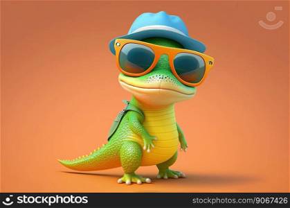 Funny baby crocodile with sunglasses and blue hat on a orange background. Generative AI