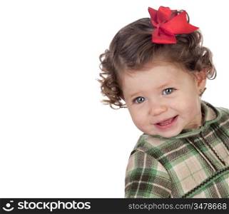 Funny baby girl with red loop isolated over white background
