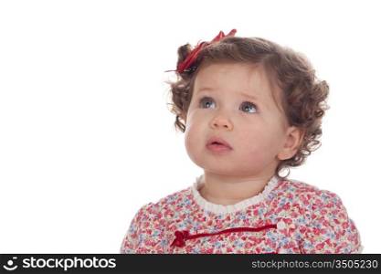 Funny baby girl with red loop isolated over white background