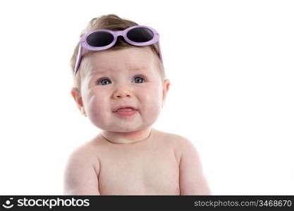 Funny baby girl with sunglasses isolated over white
