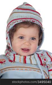 Funny baby girl with winter clothing isolated over white background