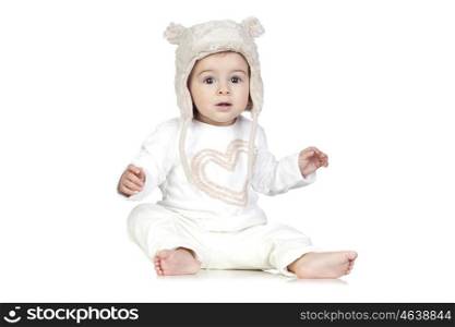 Funny Baby with a Winter Hat Isolated on White
