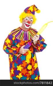 Funny birthday clown blows up a balloon to twist into an animal shape. Isolated.