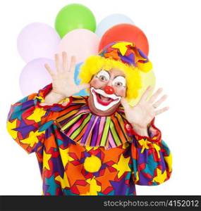 Funny birthday clown with balloons over white background.