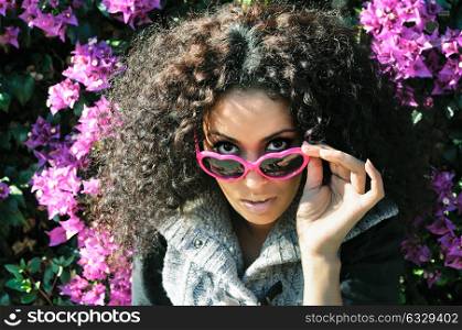 Funny black girl with purple heart glasses