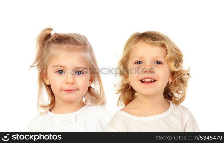 Funny blond twins isolated on a white background