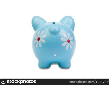 Funny blue piggy-bank View from behind isolated on a white background