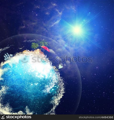 Funny Blue planet against space backgrounds and bright star