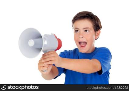 Funny boy shouting through a megaphone isolated on a white background