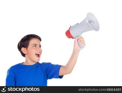 Funny boy shouting through a megaphone isolated on a white background