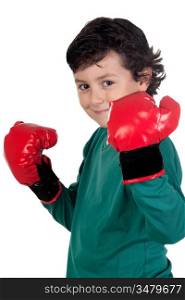 Funny boy with boxing gloves isolated on white
