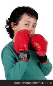 Funny boy with boxing gloves isolated on white