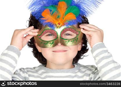 Funny boy with carnival mask isolated on a over white background