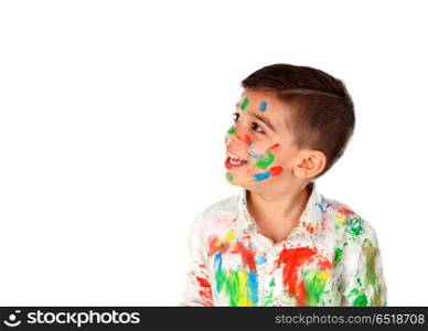 Funny boy with hands and face full of paint. Funny boy with hands and face full of paint isolated on a white background