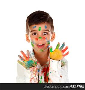 Funny boy with hands and face full of paint. Funny boy with hands and face full of paint isolated on a white background