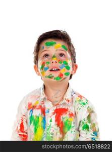 Funny boy with hands and face full of paint . Funny boy with hands and face full of paint isolated on a white background