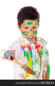 Funny boy with hands and face full of paint . Funny boy with hands and face full of paint isolated on a white background