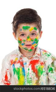 Funny boy with hands and face full of paint . Funny boy with hands and face full of paint isolated on a white background