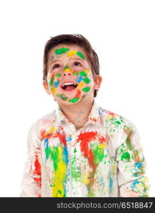 Funny boy with hands and face full of paint . Funny boy with hands and face full of paint isolated on a white background