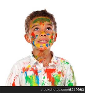 Funny boy with hands and face full of paint isolated on a white background