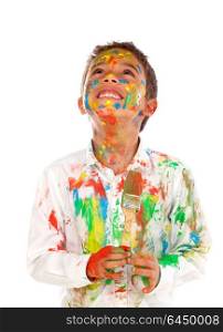 Funny boy with hands and face full of paint isolated on a white background