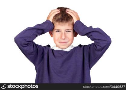 Funny boy with his hands on his head isolated on white background