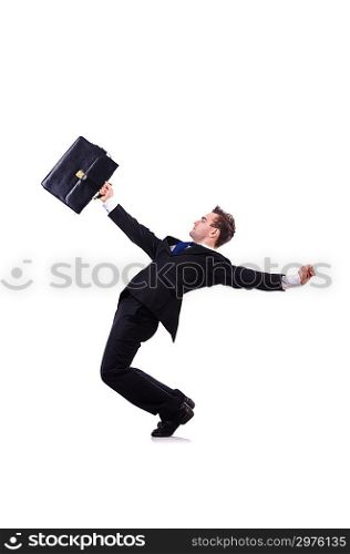 Funny businessman being blown by wind