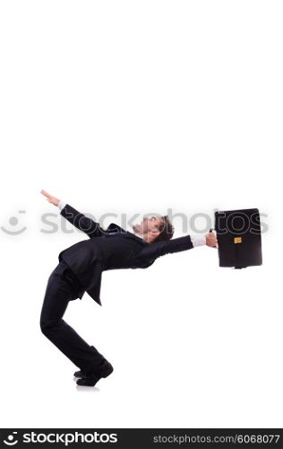 Funny businessman being blown by wind