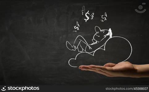 Funny businessman chalk drawing. Hand draw with chalk caricature of funny businessman