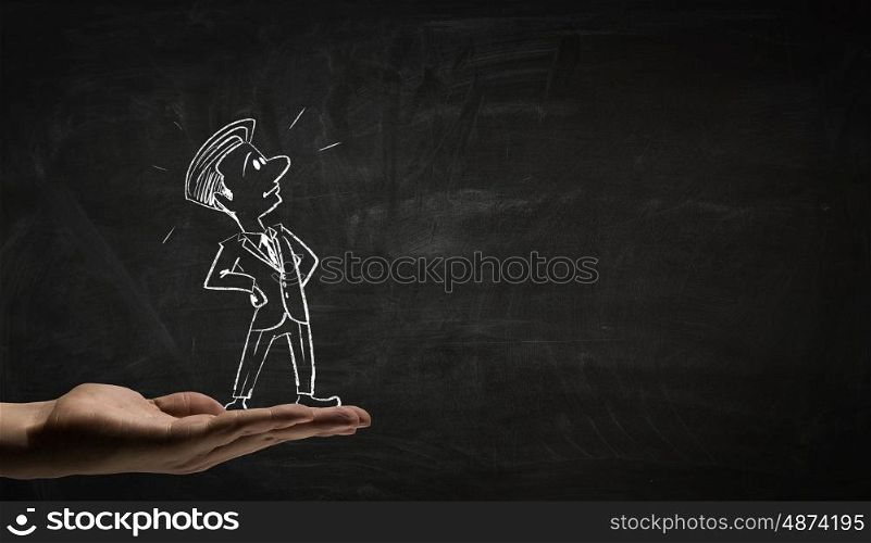 Funny businessman chalk drawing. Hand draw with chalk caricature of funny businessman