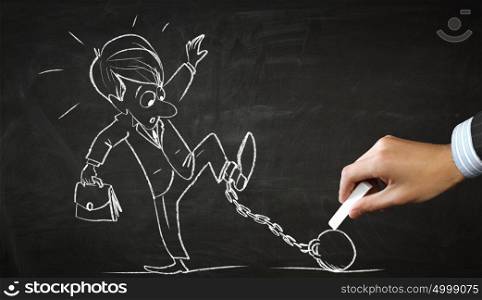 Funny businessman chalk drawing. Hand draw with chalk caricature of funny businessman