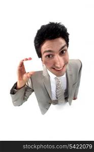 Funny businessman holding card
