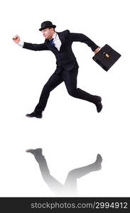 Funny businessman jumping on white