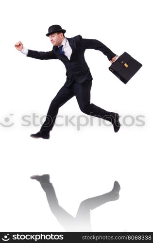 Funny businessman jumping on white