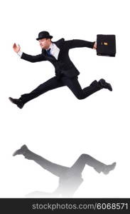 Funny businessman jumping on white