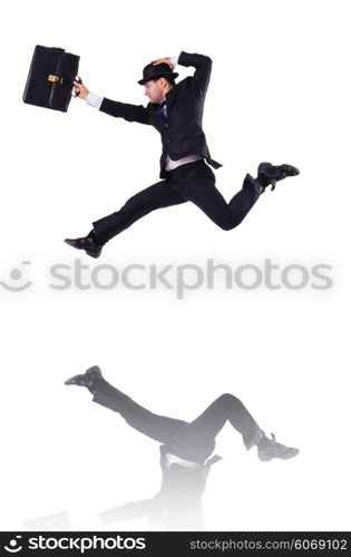 Funny businessman jumping on white