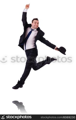 Funny businessman jumping on white