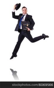 Funny businessman jumping on white