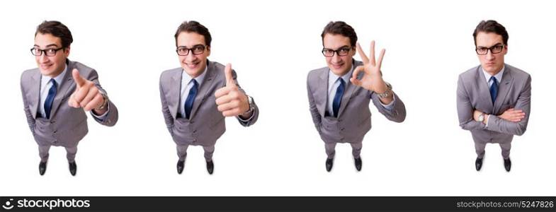 Funny businessman pressing virtual buttons isolated on white