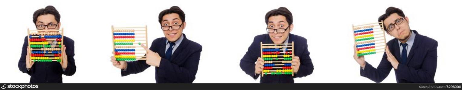 Funny businessman with abacus isolated on the white