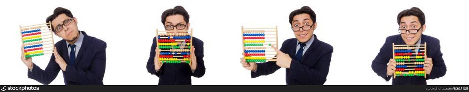 Funny businessman with abacus isolated on the white