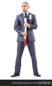 Funny businessman with axe on white