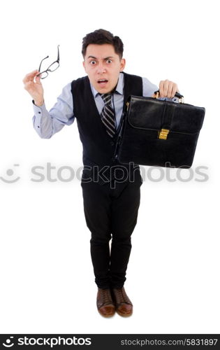 Funny businessman with briefcase isolated on white